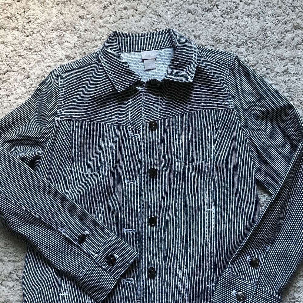 Jean jacket blue and white striped. Chico brand